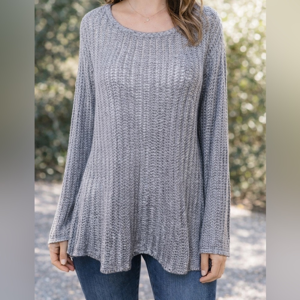 White House Black Market Silver Metallic Open Knit Sweater Tunic Top Small